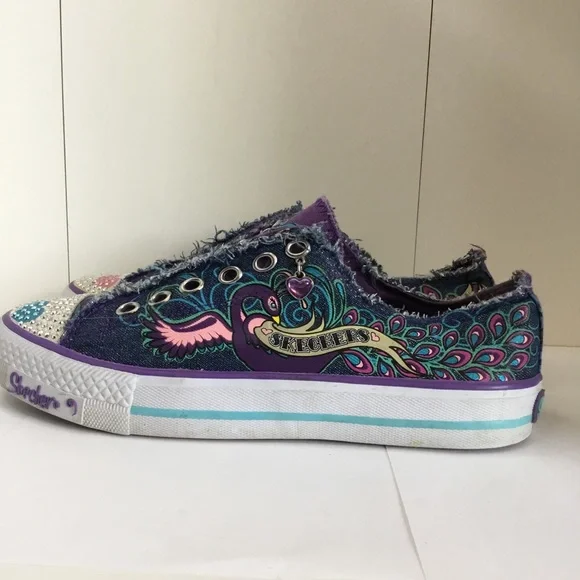 Girls Skechers Sneakers Twinkle Toes Shuffles Peacocks Tennis Shoes Size 5 - Picture 2 of 14